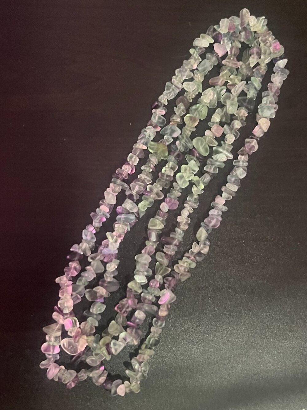 Soft extra long fluorite chip strand (150 cm). Great for layering as a necklace.